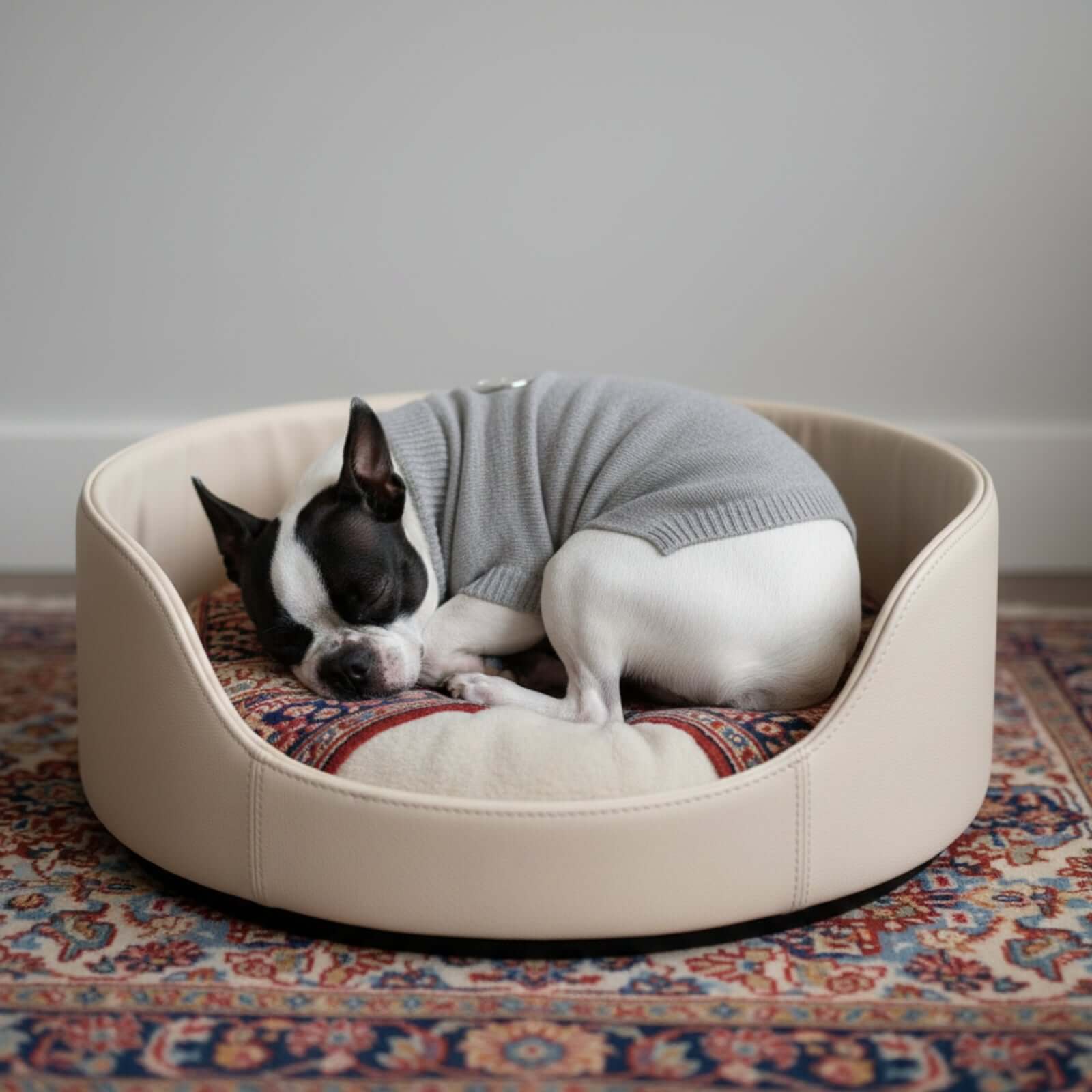 Golfino cane Cashmere Biagioli Boston terrier accucciato nel suo sofà